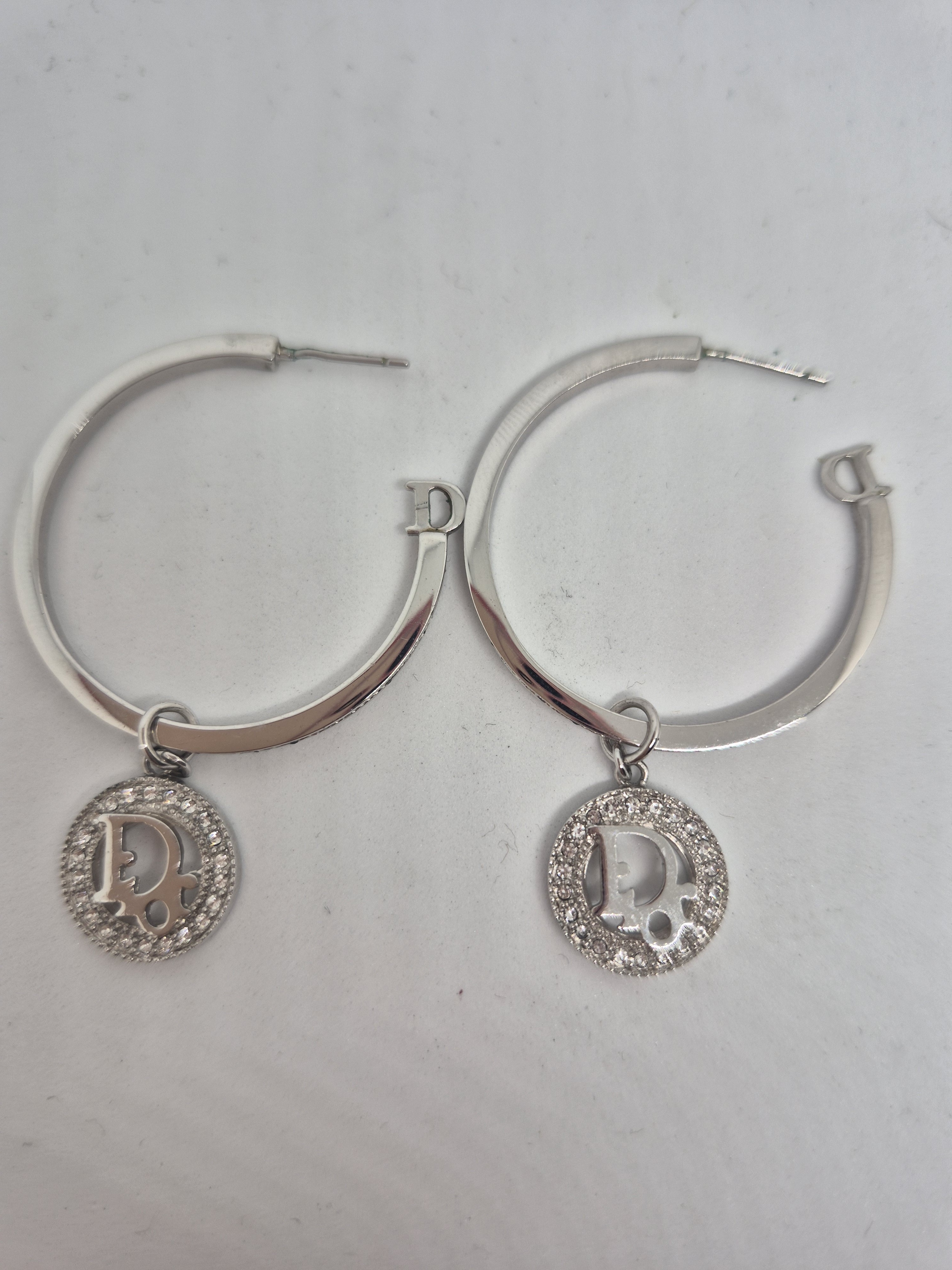 Dior Vintage Silver Hoop Earrings With D Charm Like New Very Sparkling!